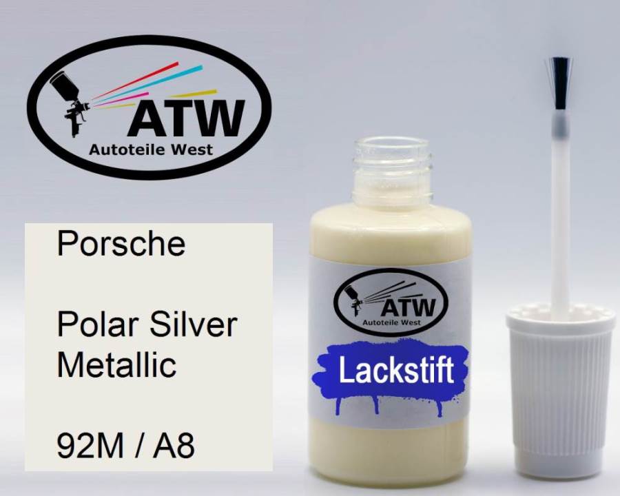 Porsche, Polar Silver Metallic, 92M / A8: 20ml Lackstift, von ATW Autoteile West.
